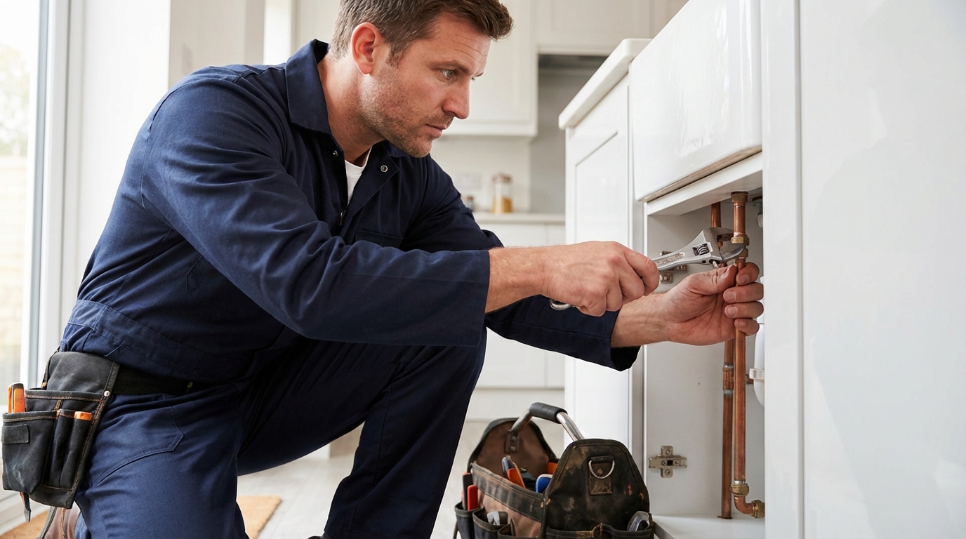 a plumber fixing pipework under a kitchen sink, used across the Billy The Plumber guides